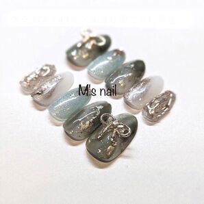 振袖ニュアンスグリーンオーダーチップ 着物和柄成人式卒業式ネイルチップつけ爪緑