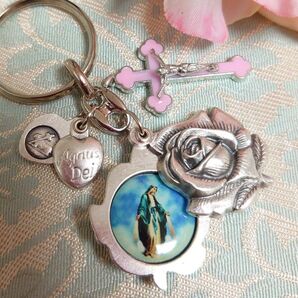 薔薇の花のマリア様聖クリストファーキリストスライド式ハートアニュスデイ神の子羊ピンク十字架お守りキーリング