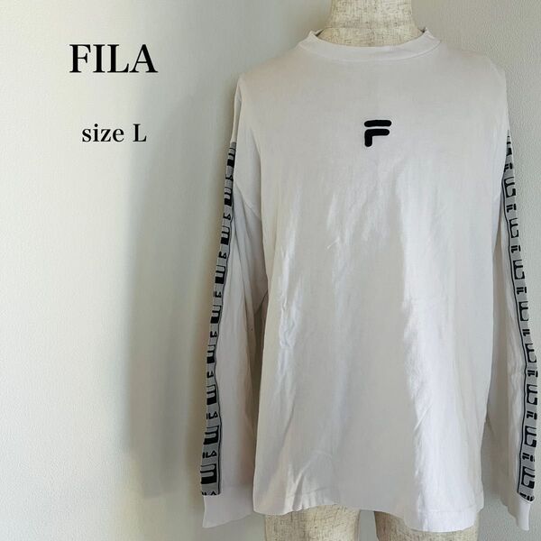 《良品》フィラ FILA 長袖 Tシャツ カットソー ロンT 刺繍ロゴ バックプリント 袖ロゴ 白 ホワイト Lサイズ