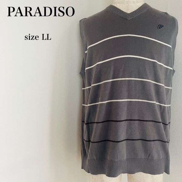《USED》パラディーゾ PARADISO メンズ ゴルフウェア ニットベスト 刺繍ロゴ グレー ノースリーブ 秋冬 ボーダー柄