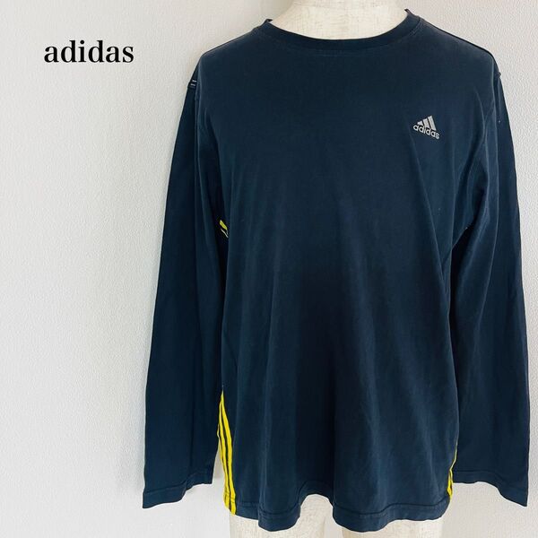 【USED】アディダス adidas 長袖 Tシャツ 刺繍ロゴ 3本ライン 黒 ブラック ロングスリーブ カットソー スポーツ