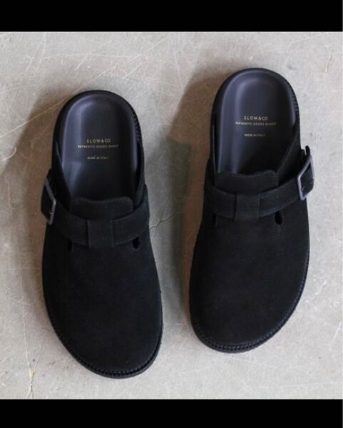 美品 Slow & Co. スロウ ブラック スエード レザー サボ サンダル シューズ 黒