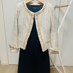 【INDIVI】【小さいサイズ】フォーマル ツイードジャケット(ベージュ) ワンピース(ブラック)セット 単品もご相談ください