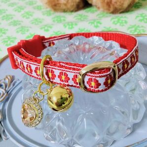 猫ちゃん用 首輪 ねこ 成猫用 Mサイズ ハンドメイド セーフティバックル チロリアンテープ 紅白