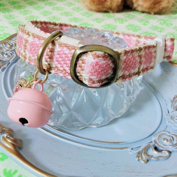 Lサイズ 猫ちゃん わんちゃん 首輪 ワンタッチバックル ハンドメイド ピンクツイード