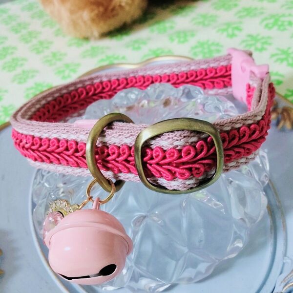 Lサイズ 猫ちゃん わんちゃん 首輪 ワンタッチバックル ハンドメイド レースリボン ベビーピンク マゼンタ