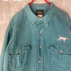 【DEERSKIN】90's USA製 可愛い犬 ターコイズ シャモア ワークシャツ 長袖シャツ あったか