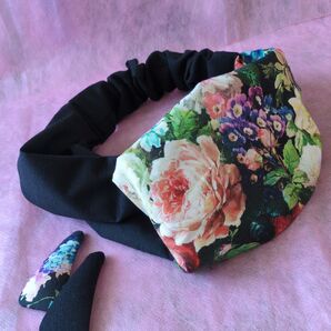 ハンドメイド、ヘアクロスターバン、パッチンピン2個付き、薔薇園