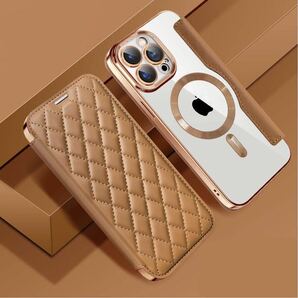 iPhone 13 キルティングケース アイフォン13 ケース 透明 iPhone 13 カバー MagSafe充電 カード収納 手帳型 ブラウン