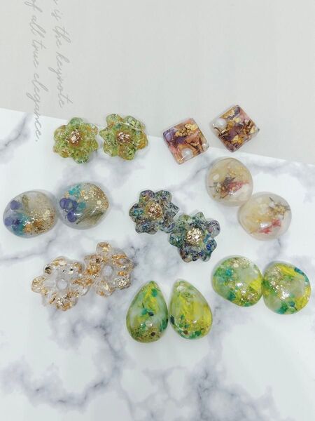No.6ハンドメイド アクセサリーパーツ ピアス イヤリング フラワー グリーン ブルー