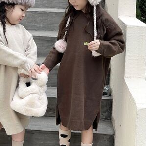【ニットワンピ】 ワンピース ニット おしゃれ 女の子 かわいい 茶 フード 冬 ニットワンピース フード付き パーカーワンピ