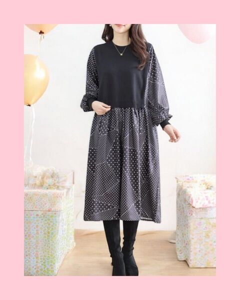 新品未使用!ドットミックス柄ニット切り替えワンピース ML