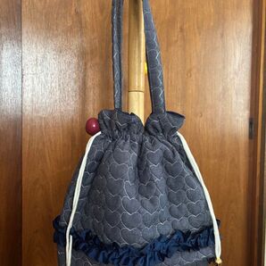 トートバッグ ハンドメイド 巾着バッグ韓国生地習い事バックリボン付きデニム生地韓国 巾着