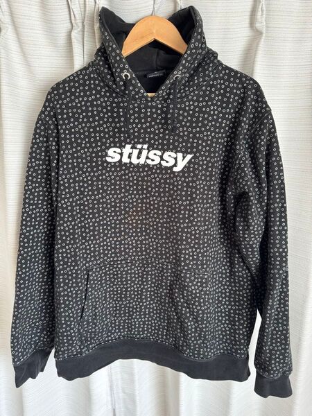 STUSSY ドット柄 フロントロゴ プルオーバー パーカー ブラック 黒 使用感あり