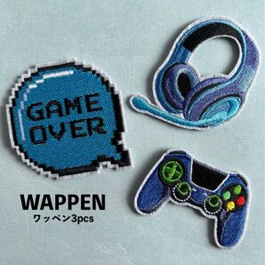 ゲーム コントローラー ヘッドホン ゲームオーバー☆アイロン刺繍ワッペン3枚