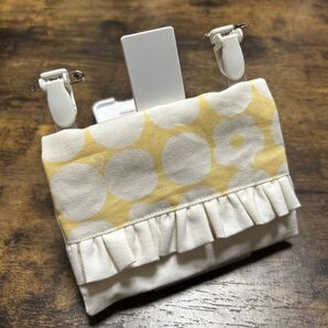 【Hand Made】 移動ポケット 黄色と白のドット フリル付き クリップ2個