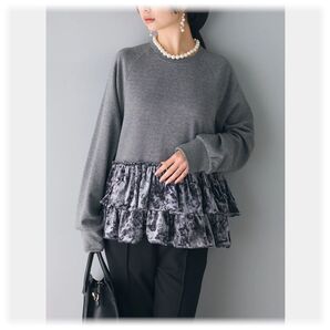 SALE★新品 ベロアフリル×スウェットプルオーバー/チャコール frene