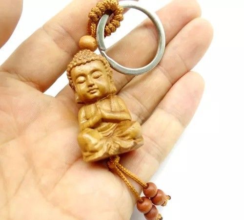 【木彫り ミニ大仏くん キーホルダー 】 手彫り 坐像(ざぞう)阿弥陀如来像 2 縁起物 お守り 厄除け