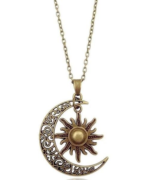 *太陽と月 モチーフ ネックレス*ブロンズ ミニ巾着袋付き アンティーク*Sun & moon ペンダント ムーン