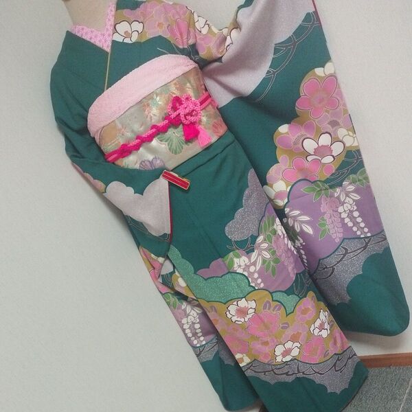 正絹 振袖 青緑 袋帯 セット