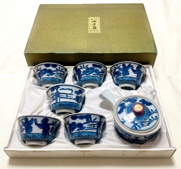 新品 美術九谷焼 陶寿 染付山水人物絵 急須&湯呑&湯冷まし 煎茶器セット