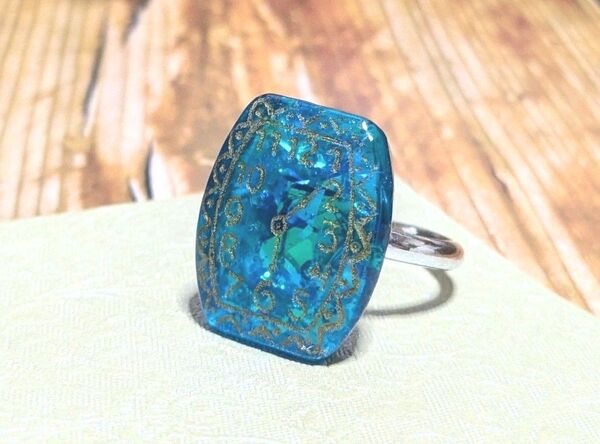 アンティーク時計風リング 指輪 ブルー 青系 クリア ハンドメイド レジンアクセサリー
