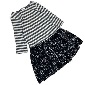 NAVY ドッキング フレアワンピース ボーダー ドット柄 sizeM 長袖 アクリル ナイロン ボートネック ひざ丈