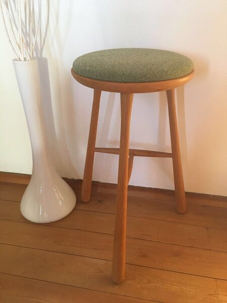 高級 国産 Bow Stool (ボウ スツール) レッドオーク材 H61cm グリーンファブリック 中古 1脚 北欧 オシャレ