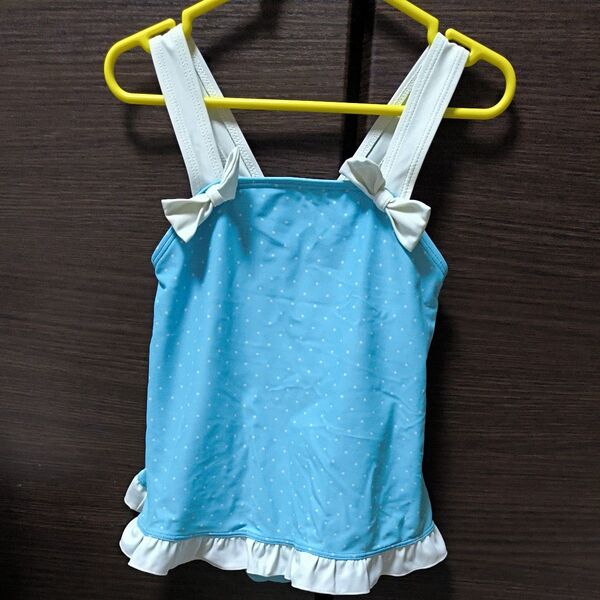 キッズ ワンピース水着 女の子 リボン付き水色ドット柄 120cm