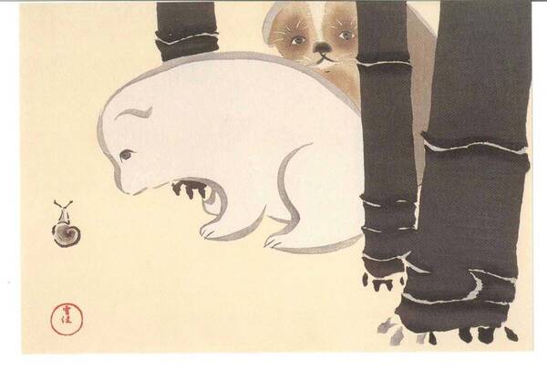 真作保証 神坂雪佳 (Kamisaka Sekka) 木版画 #3 狗児 Puppies and a snail 初版 明治 光悦光琳派の巨匠の作品を是非!!
