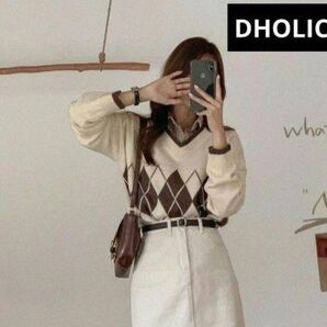 【新品未使用】DHOLIC ディーホリック アーガイル配色Vネックニット シャツとの重ね着にも♪オートミール FREE フリー