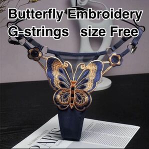 【ネイビー/F】バタフライ刺繍Gストリング/Tバックショーツ