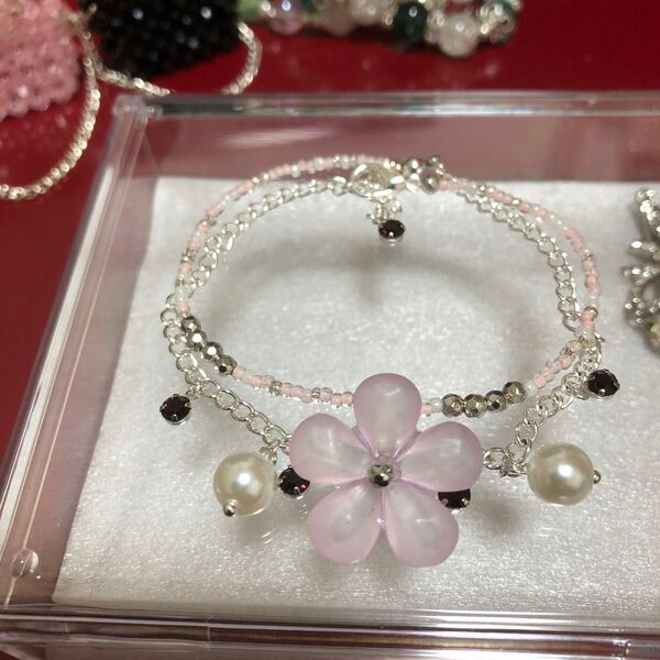 p1137 2連ブレスレット ハンドメイド ピンク/シルバーハンドメイド