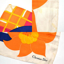 クリスチャン ディオール■ロゴ入り　レトロ×花柄シルクスカーフ　オレンジ系　Christian Dior 　scarf_画像3