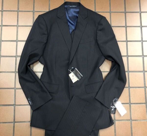 新品【サイズY6 L☆細身】2Bシングルスーツ メンズスーツ ブラック 背抜き ノータック セットアップ ストライプスーツ