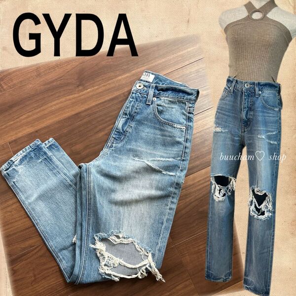 GYDAKNEEスクエアクラッシュペグトップデニムパンツ
