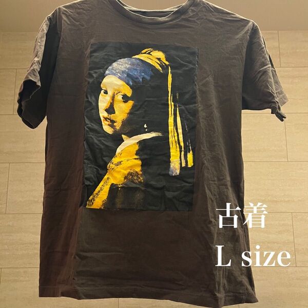 フェルメール 真珠の耳飾りの少女 Tシャツ ブラックグレー 古着 Tシャツ