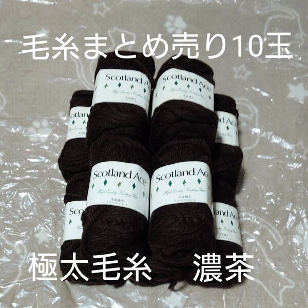 毛糸 10玉 まとめ売り 極太毛糸 濃茶 毛混 アクリル70% 毛30% 未使用品