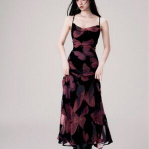 Velvet Butterfly Swing Collar Backless Strap Dress - XS