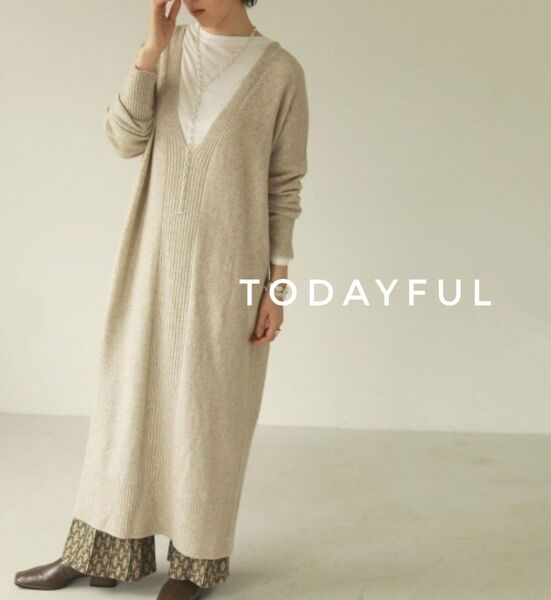 美品 TODAYFUL ラクーンニットワンピース ベージュ 38 トゥデイフル