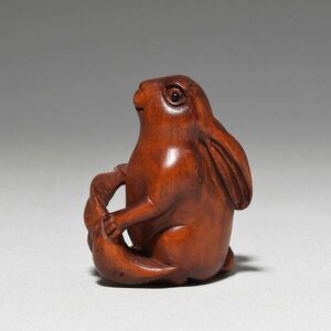 根付 ウサギ 柘植 木彫品 木製 彫刻品 現品お渡し 0707-5-3