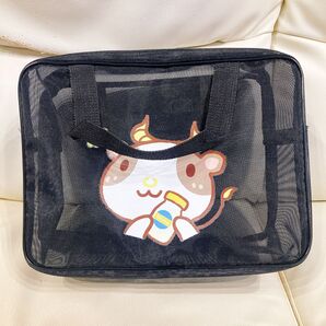 牛柄 お風呂バッグ メッシュ メッシュバッグ 温泉バッグ 銭湯 スパバッグ ブラック 黒