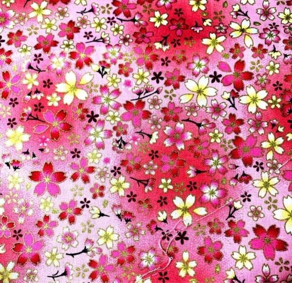生地 ハギレ 布 和柄 小桜 花柄 50cm 金糸プリント ピンク