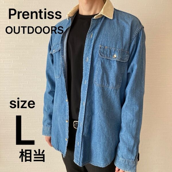 【Prentiss】OUTDOORS デニムシャツ sizeL相当 古着 アメカジ made in USA