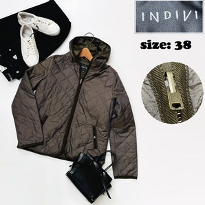 INDIVI /38/ グリーン系 フードキルティングブルゾン 長袖アウター ジャンパー スポーツ ゴルフ キャンプ ナイロン 生地 インディヴィ