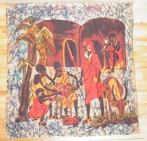 リチャード・キンボ 83x86.5cm アフリカンアート ファブリックパネル R.KIMBO 布製 壁掛け ろうけつ染め タペストリ バティック_画像6