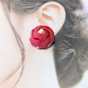 つまみ細工 選べるアクセサリー 玉椿 イヤリングorピアス アレルギーフリー 1対 透かし紅