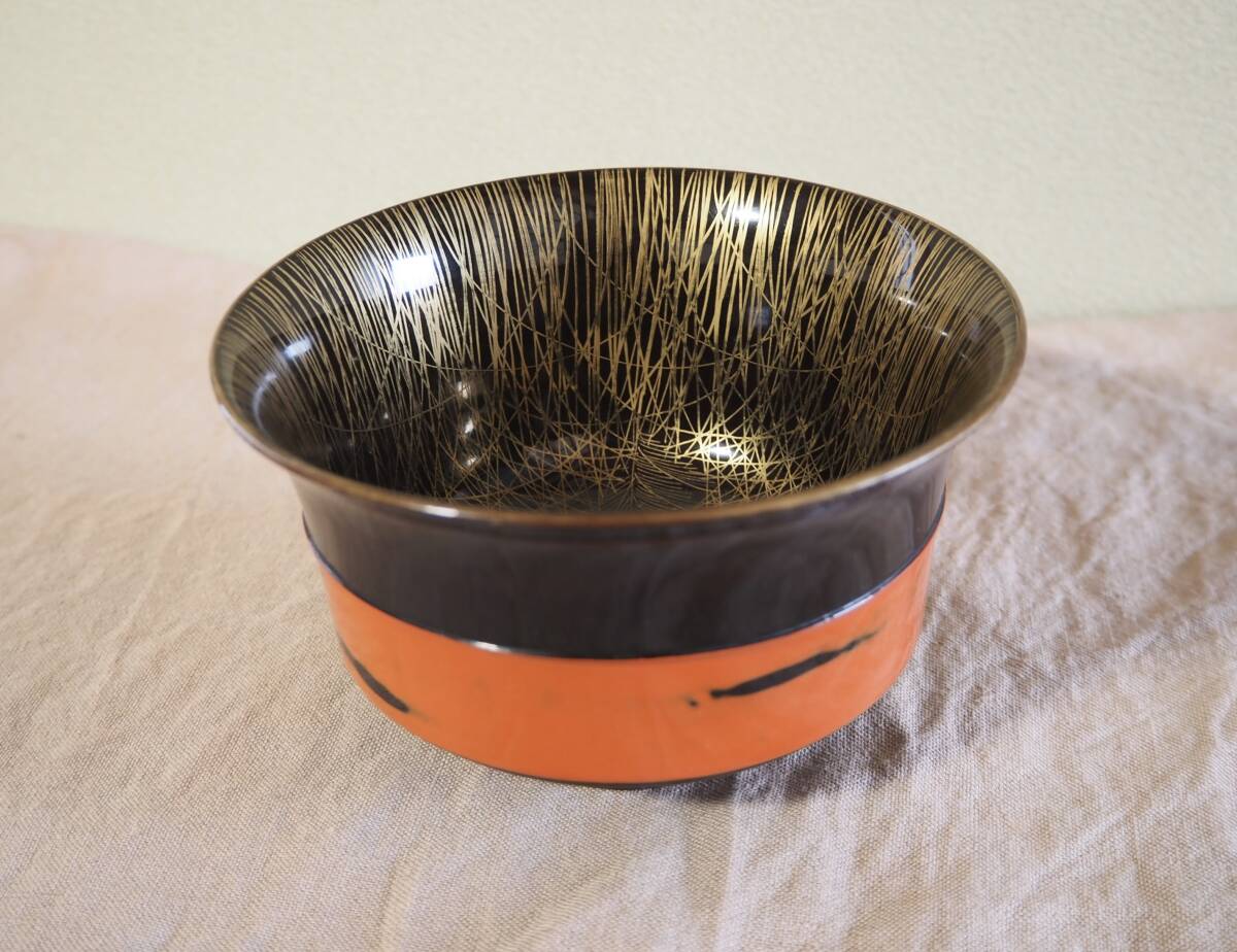 時代漆器 天然木製漆塗 金魚盛り上げ蒔絵 盃洗 皿付き 2客