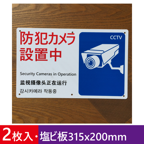 2枚入リ【PVC塩ビ板】防犯カメラ 設置中 像正在行看板 315x200x1mm プレート看板 案内看板 畑看板 防犯標識 安全表示幕 日本製