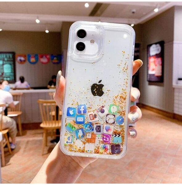 透明電話ケース iPhone 11 グリッター 液体流砂 バックカバー ゴールド 金色